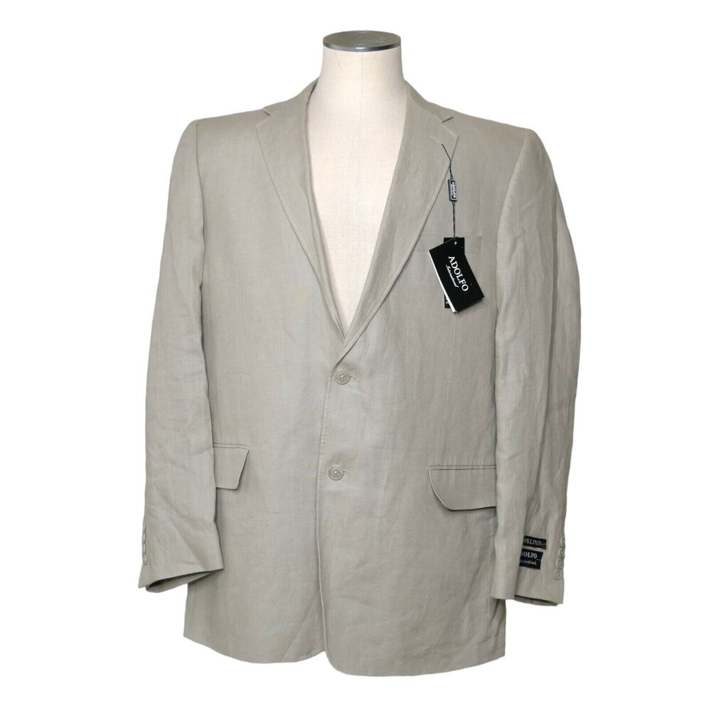 NWT Adolfo 100% Linen Lined Blazer 46L Flax Color Beige Lightweight 2 Button